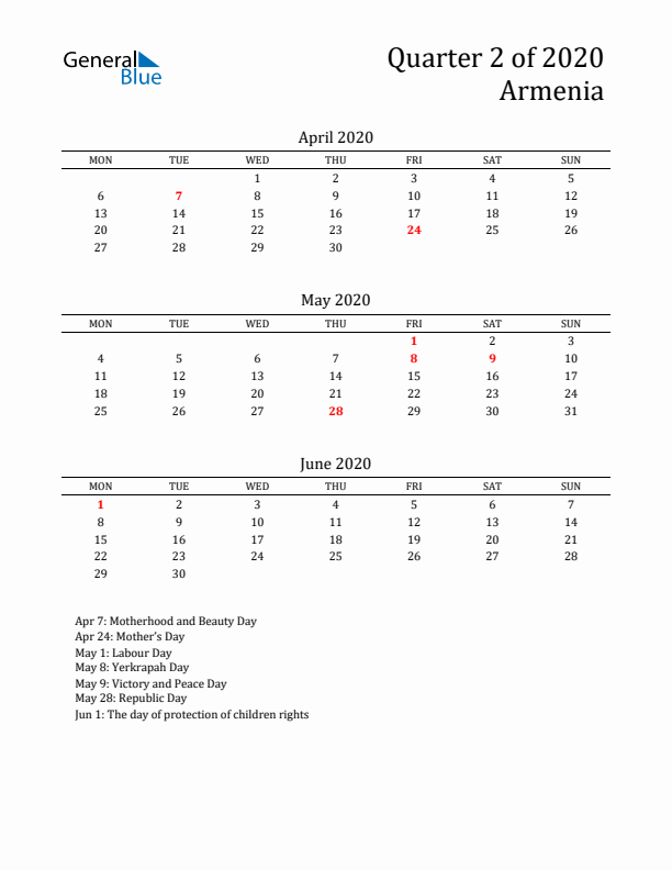 Quarter 2 2020 Armenia Quarterly Calendar