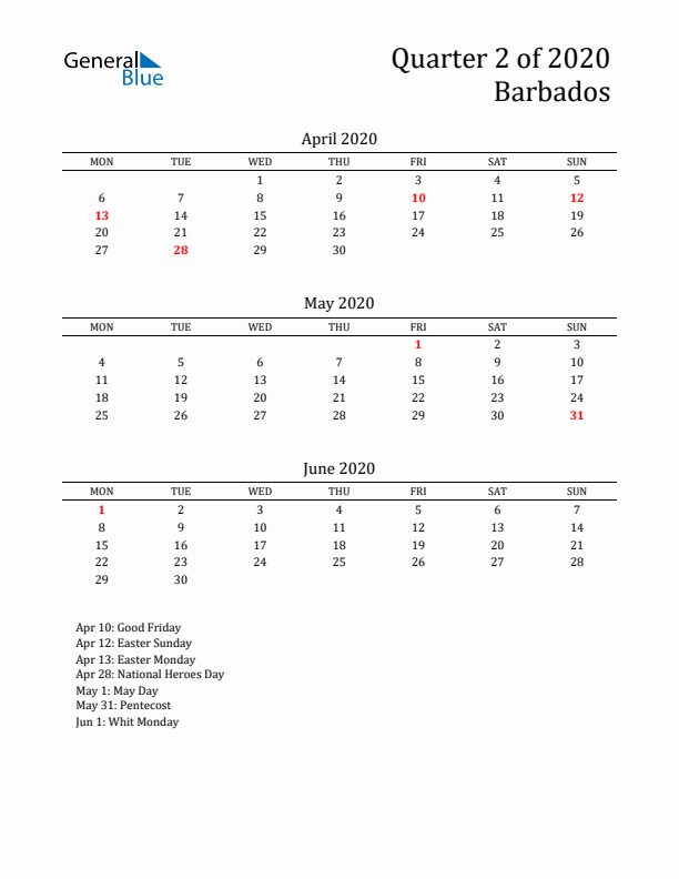 Quarter 2 2020 Barbados Quarterly Calendar