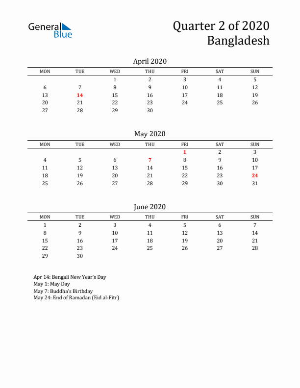 Quarter 2 2020 Bangladesh Quarterly Calendar