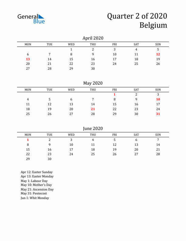 Quarter 2 2020 Belgium Quarterly Calendar