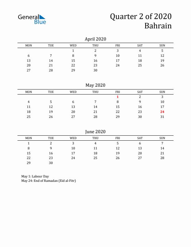 Quarter 2 2020 Bahrain Quarterly Calendar