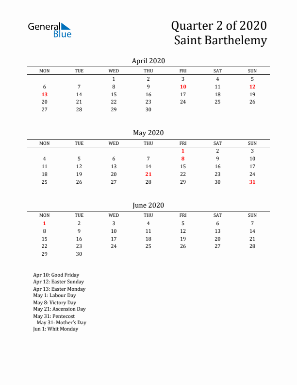 Quarter 2 2020 Saint Barthelemy Quarterly Calendar