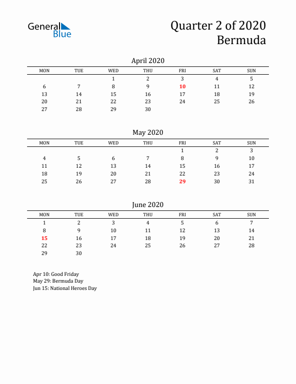 Quarter 2 2020 Bermuda Quarterly Calendar