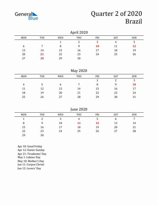 Quarter 2 2020 Brazil Quarterly Calendar