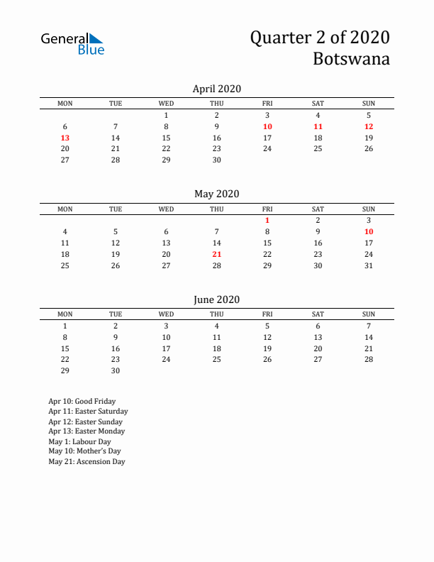 Quarter 2 2020 Botswana Quarterly Calendar