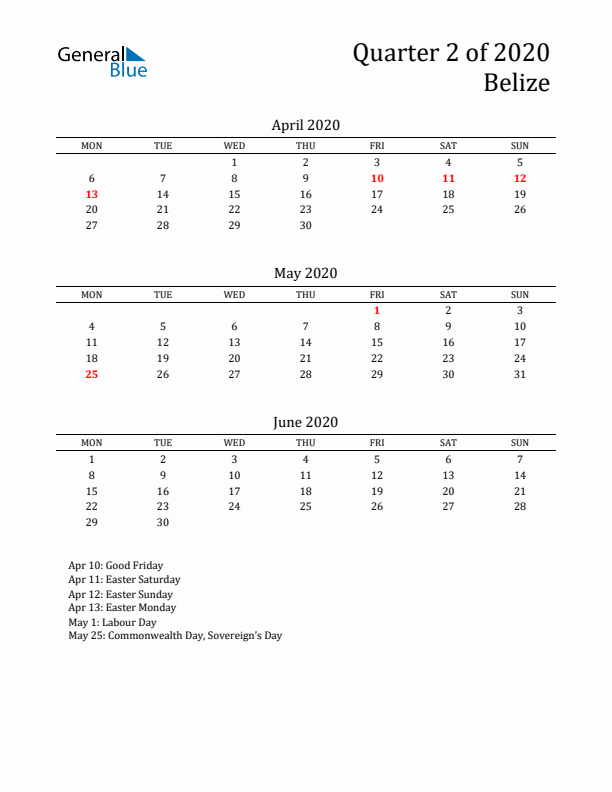 Quarter 2 2020 Belize Quarterly Calendar