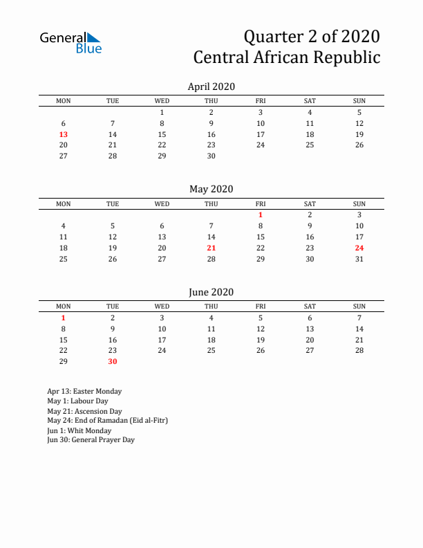 Quarter 2 2020 Central African Republic Quarterly Calendar