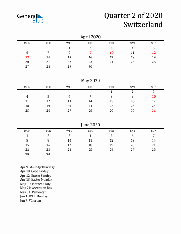 Quarter 2 2020 Switzerland Quarterly Calendar