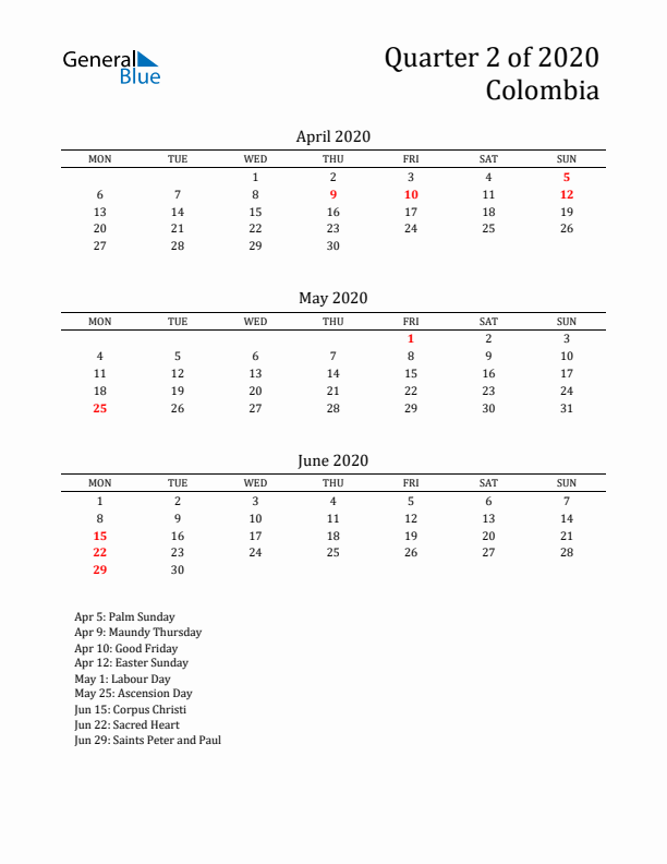 Quarter 2 2020 Colombia Quarterly Calendar