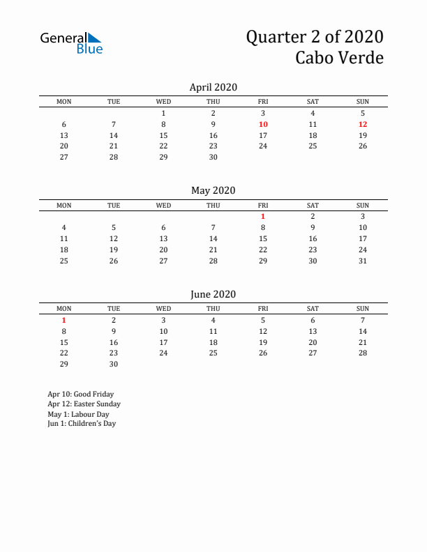 Quarter 2 2020 Cabo Verde Quarterly Calendar