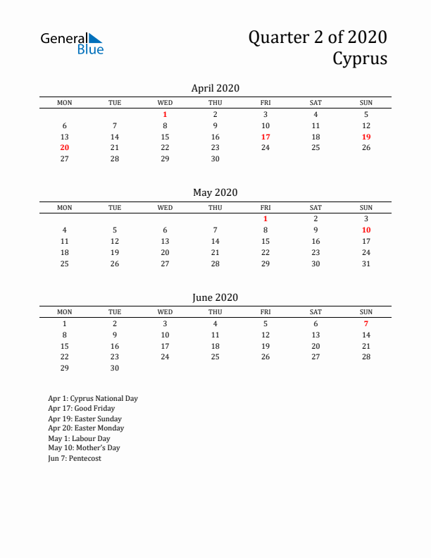 Quarter 2 2020 Cyprus Quarterly Calendar