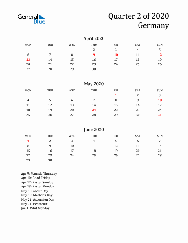 Quarter 2 2020 Germany Quarterly Calendar