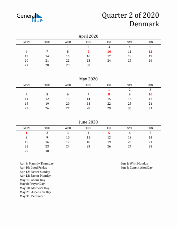 Quarter 2 2020 Denmark Quarterly Calendar