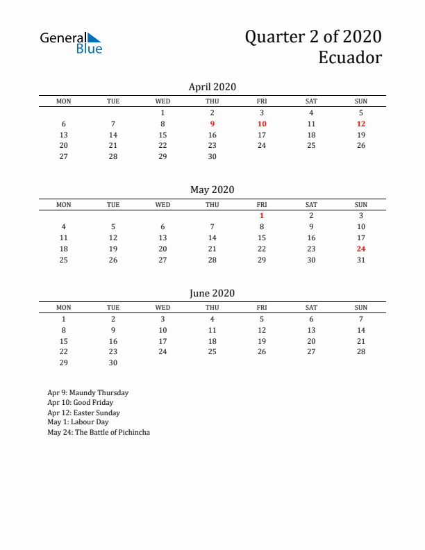 Quarter 2 2020 Ecuador Quarterly Calendar