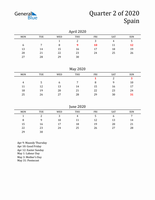 Quarter 2 2020 Spain Quarterly Calendar