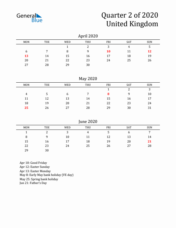 Quarter 2 2020 United Kingdom Quarterly Calendar