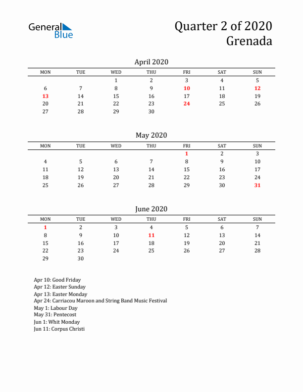 Quarter 2 2020 Grenada Quarterly Calendar