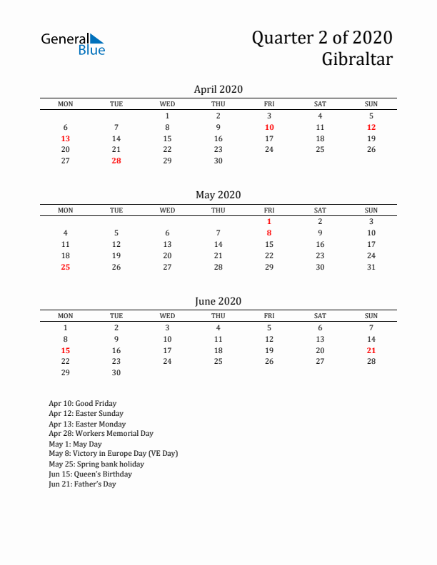 Quarter 2 2020 Gibraltar Quarterly Calendar