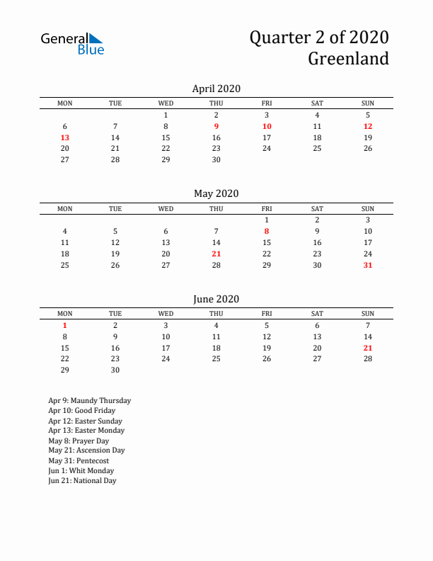 Quarter 2 2020 Greenland Quarterly Calendar