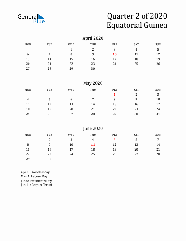 Quarter 2 2020 Equatorial Guinea Quarterly Calendar