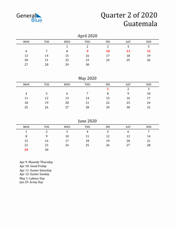 Quarter 2 2020 Guatemala Quarterly Calendar