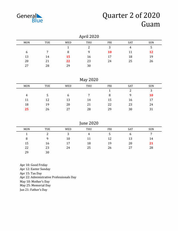 Quarter 2 2020 Guam Quarterly Calendar