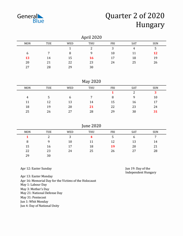 Quarter 2 2020 Hungary Quarterly Calendar