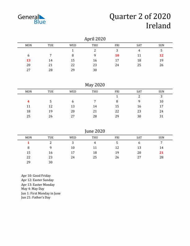 Quarter 2 2020 Ireland Quarterly Calendar