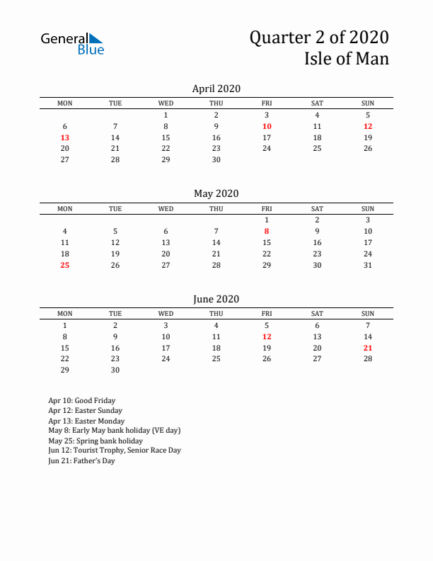 Quarter 2 2020 Isle of Man Quarterly Calendar