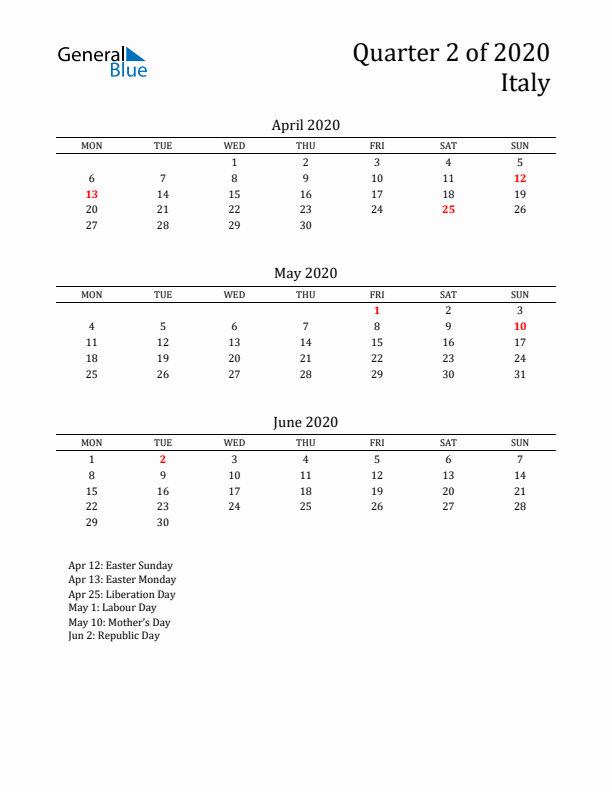 Quarter 2 2020 Italy Quarterly Calendar