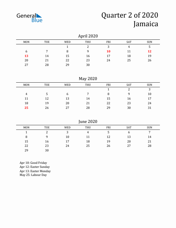 Quarter 2 2020 Jamaica Quarterly Calendar