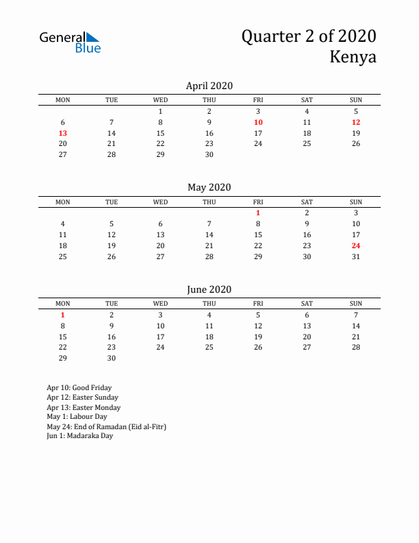 Quarter 2 2020 Kenya Quarterly Calendar