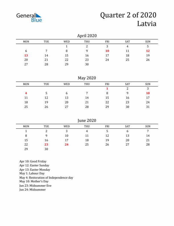 Quarter 2 2020 Latvia Quarterly Calendar