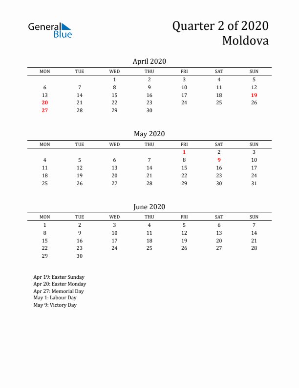 Quarter 2 2020 Moldova Quarterly Calendar