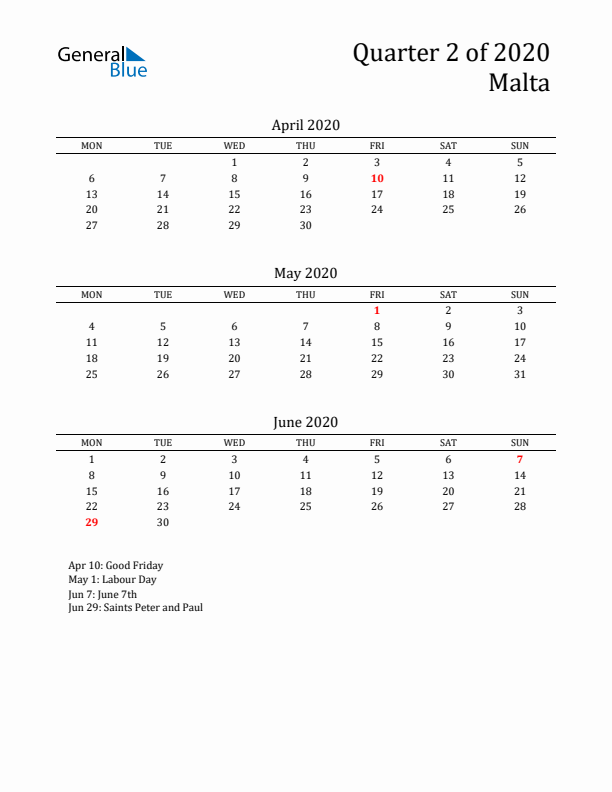 Quarter 2 2020 Malta Quarterly Calendar