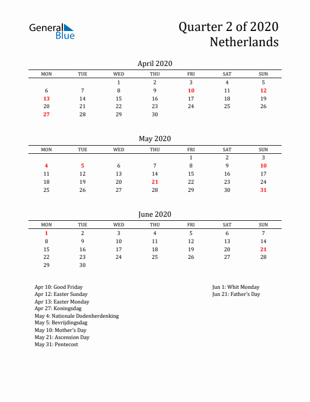 Quarter 2 2020 The Netherlands Quarterly Calendar