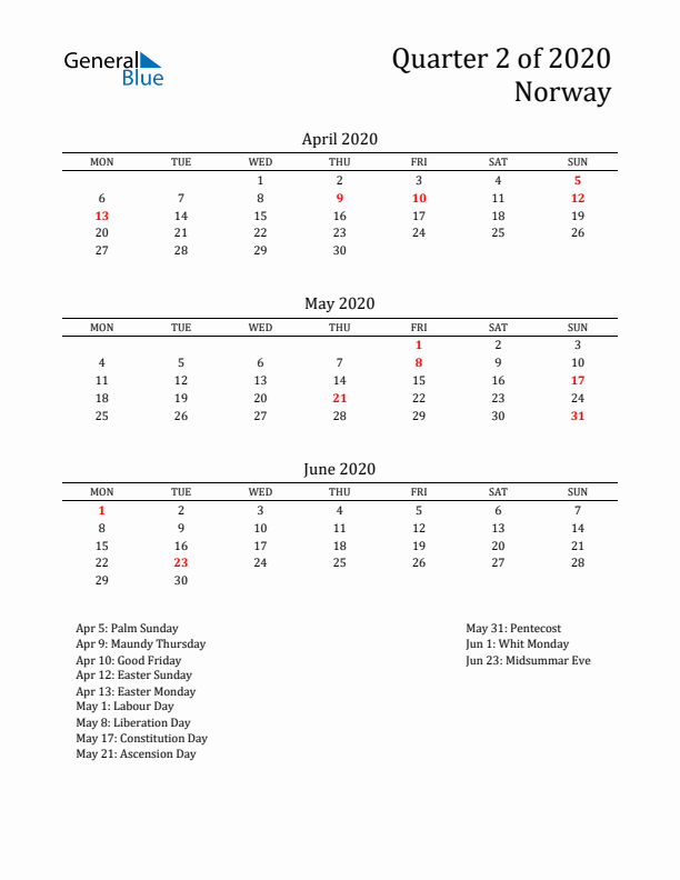 Quarter 2 2020 Norway Quarterly Calendar