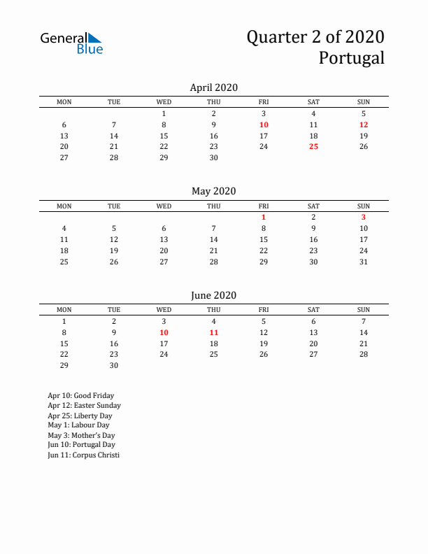 Quarter 2 2020 Portugal Quarterly Calendar