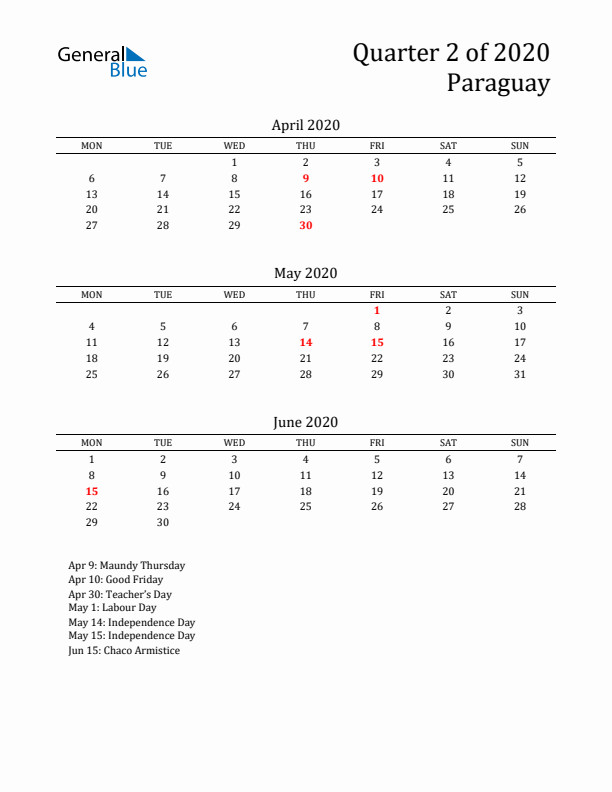 Quarter 2 2020 Paraguay Quarterly Calendar