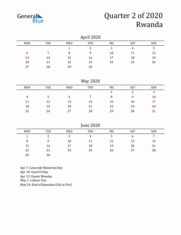 Quarter 2 2020 Rwanda Quarterly Calendar