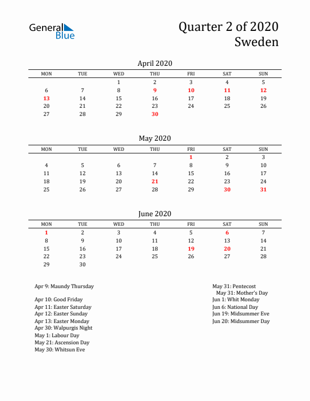 Quarter 2 2020 Sweden Quarterly Calendar