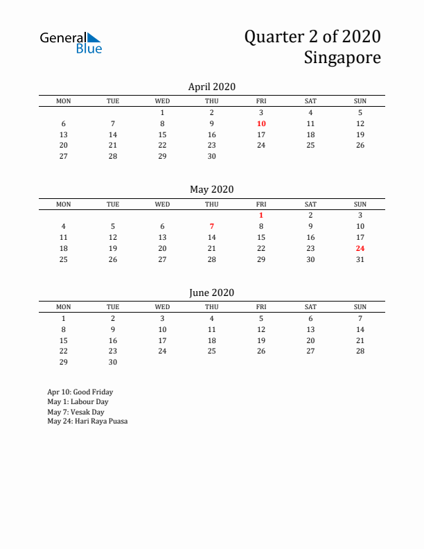 Quarter 2 2020 Singapore Quarterly Calendar