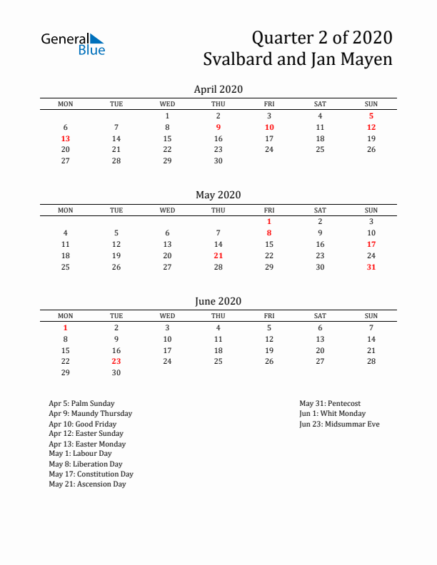 Quarter 2 2020 Svalbard and Jan Mayen Quarterly Calendar