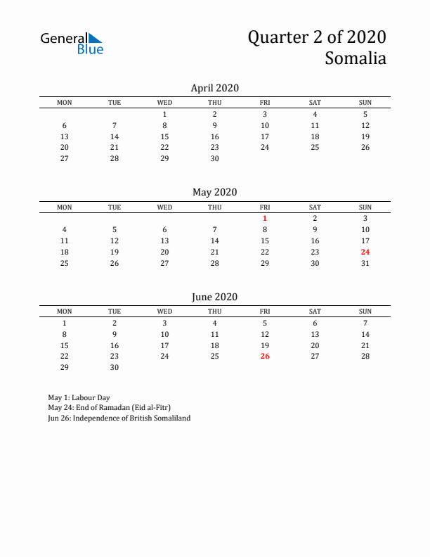 Quarter 2 2020 Somalia Quarterly Calendar