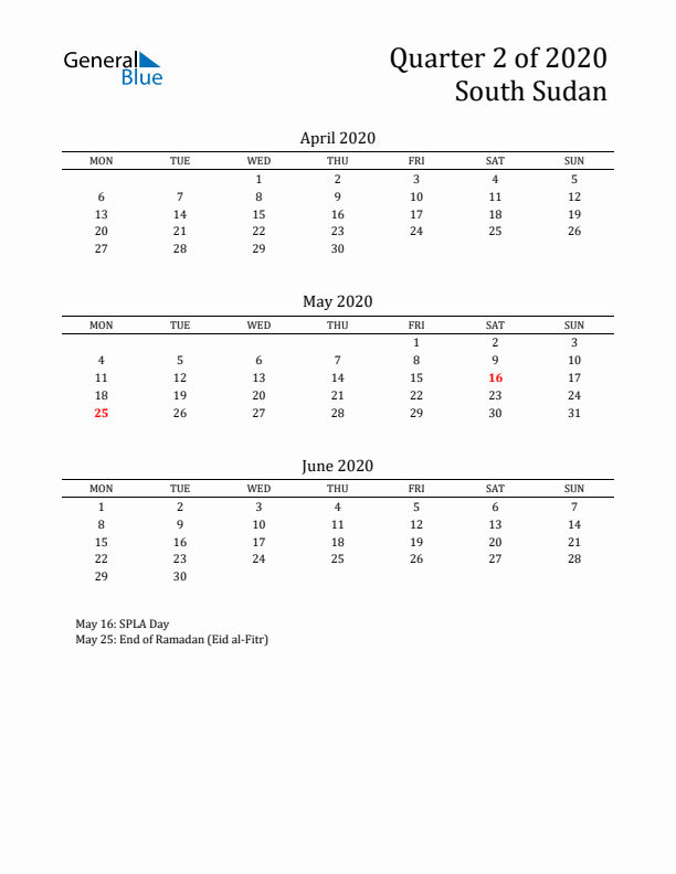 Quarter 2 2020 South Sudan Quarterly Calendar