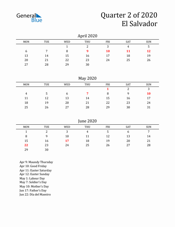 Quarter 2 2020 El Salvador Quarterly Calendar