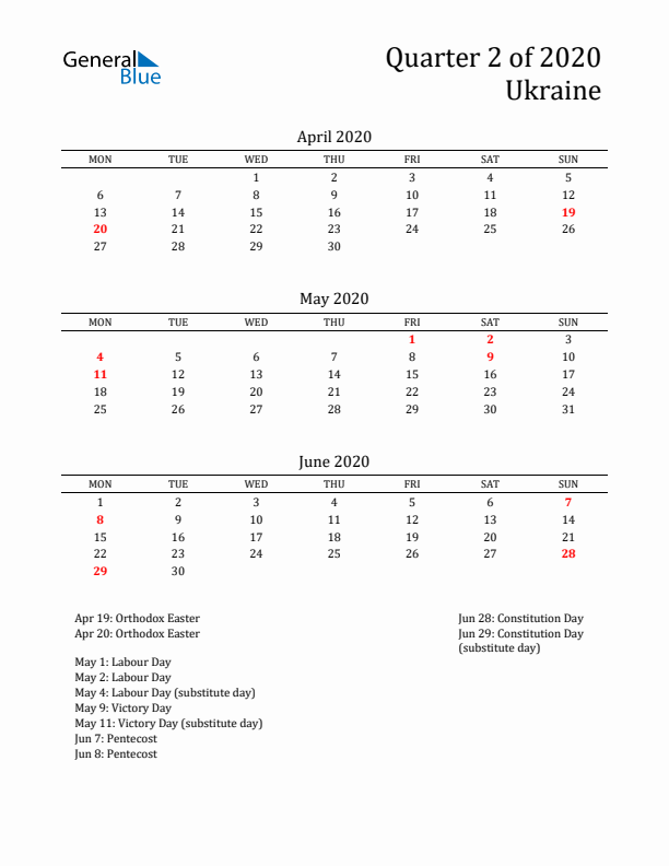 Quarter 2 2020 Ukraine Quarterly Calendar