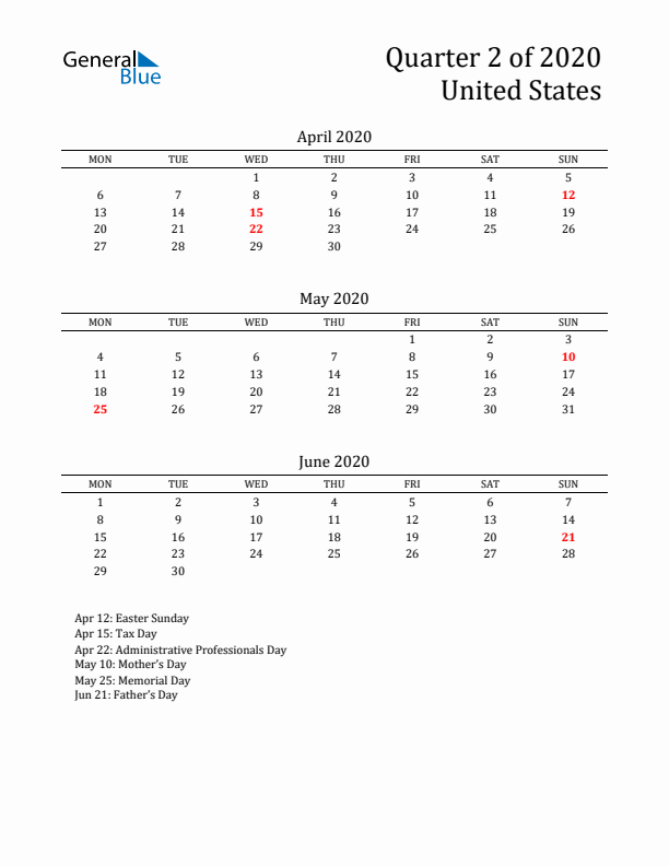 Quarter 2 2020 United States Quarterly Calendar