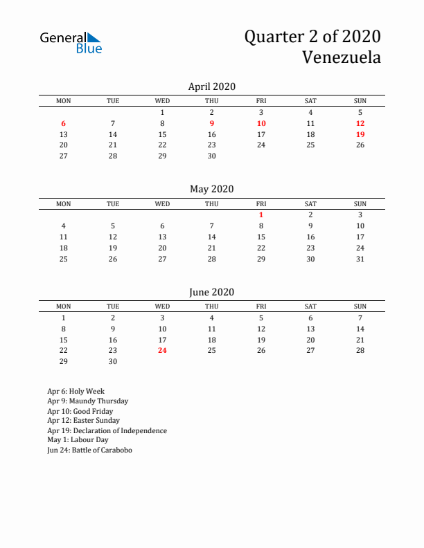 Quarter 2 2020 Venezuela Quarterly Calendar