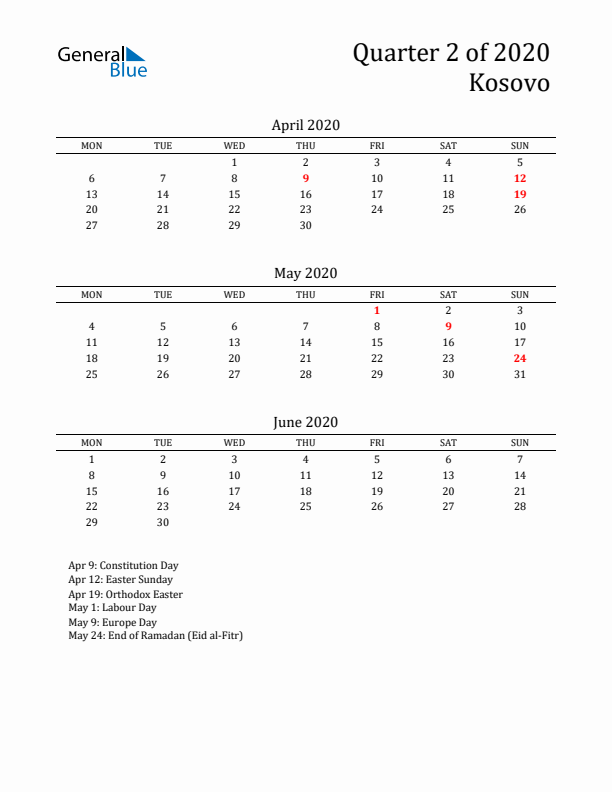 Quarter 2 2020 Kosovo Quarterly Calendar